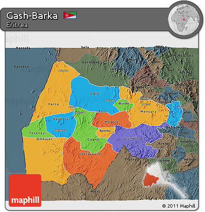 Political 3D Map of Gash-Barka, darken, semi-desaturated