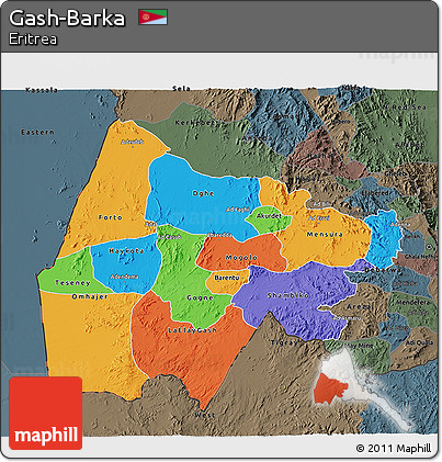 Political 3D Map of Gash-Barka, darken, semi-desaturated