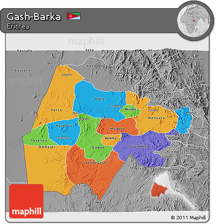 Political 3D Map of Gash-Barka, desaturated