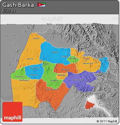 Political 3D Map of Gash-Barka, desaturated