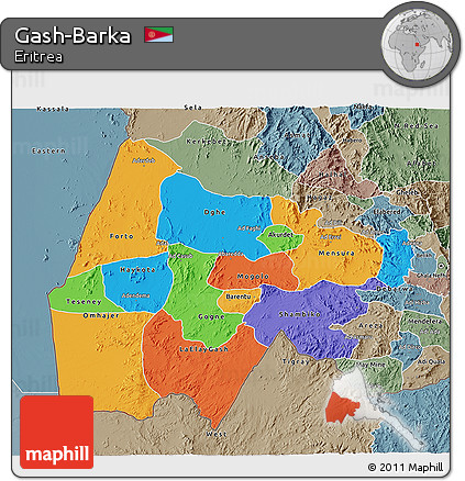 Political 3D Map of Gash-Barka, semi-desaturated