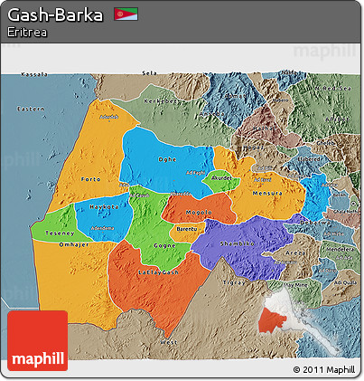 Political 3D Map of Gash-Barka, semi-desaturated