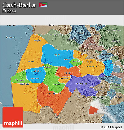 Political 3D Map of Gash-Barka, semi-desaturated