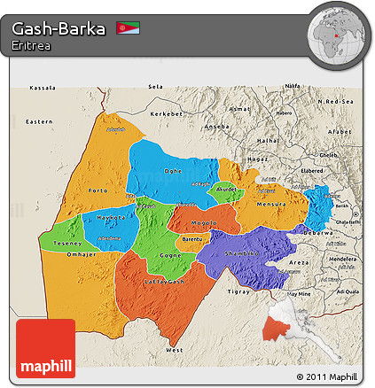 Political 3D Map of Gash-Barka, shaded relief outside