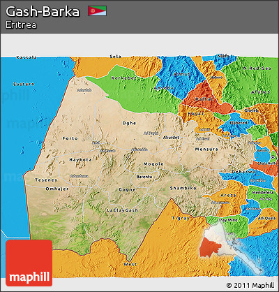 Satellite 3D Map of Gash-Barka, political outside