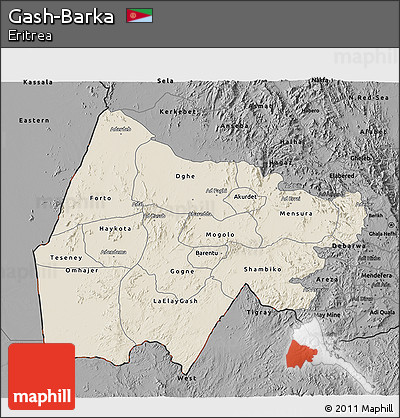 Shaded Relief 3D Map of Gash-Barka, darken, desaturated