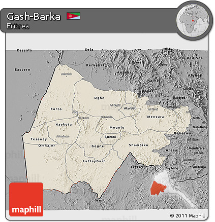 Shaded Relief 3D Map of Gash-Barka, darken, desaturated