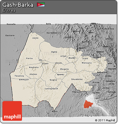Shaded Relief 3D Map of Gash-Barka, darken, desaturated