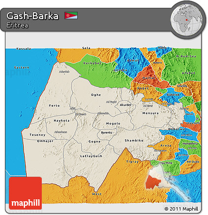 Shaded Relief 3D Map of Gash-Barka, political outside