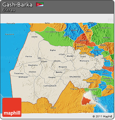 Shaded Relief 3D Map of Gash-Barka, political outside