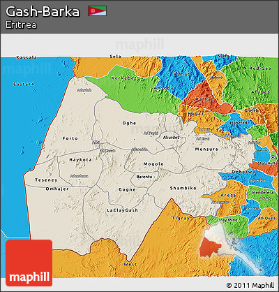 Shaded Relief 3D Map of Gash-Barka, political outside