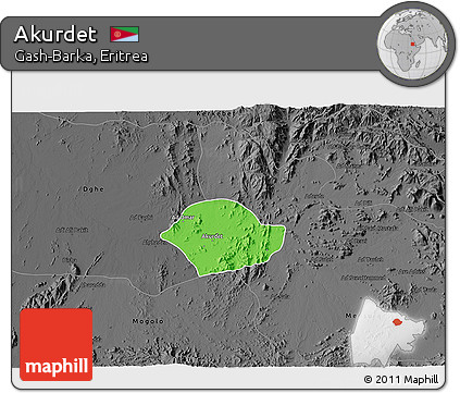 Political 3D Map of Akurdet, darken, desaturated