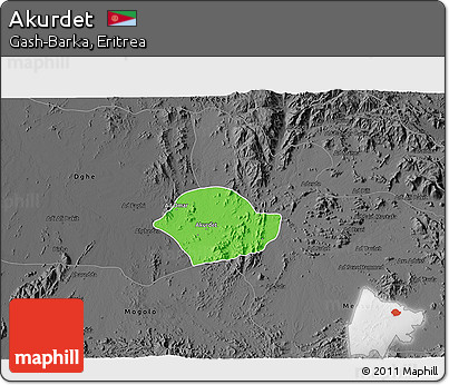 Political 3D Map of Akurdet, darken, desaturated