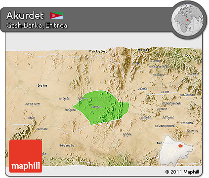 Political 3D Map of Akurdet, satellite outside