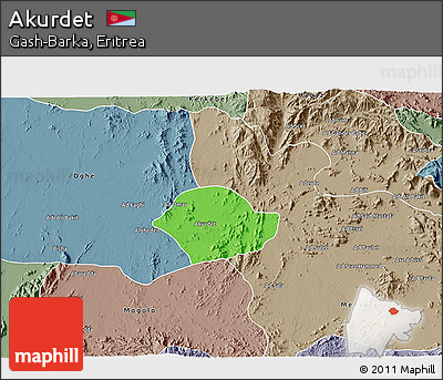 Political 3D Map of Akurdet, semi-desaturated