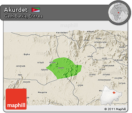 Political 3D Map of Akurdet, shaded relief outside
