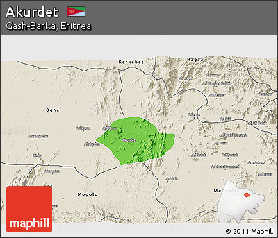 Political 3D Map of Akurdet, shaded relief outside