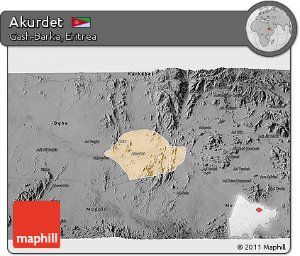 Satellite 3D Map of Akurdet, darken, desaturated