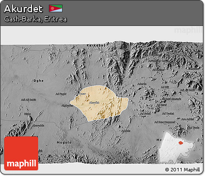 Satellite 3D Map of Akurdet, darken, desaturated