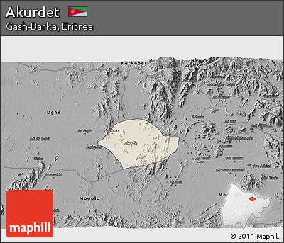Shaded Relief 3D Map of Akurdet, darken, desaturated