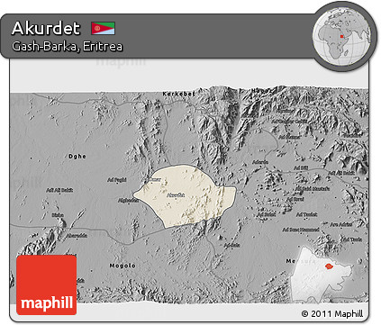 Shaded Relief 3D Map of Akurdet, darken, desaturated