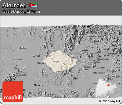 Shaded Relief 3D Map of Akurdet, darken, desaturated