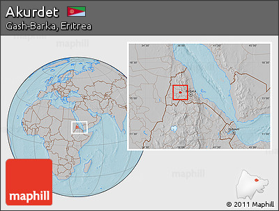 Gray Location Map of Akurdet, within the entire country, hill shading