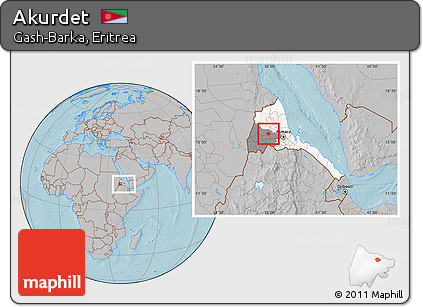 Gray Location Map of Akurdet, highlighted country, highlighted parent region, within the entire country, hill shading