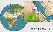 Satellite Location Map of Akurdet, highlighted country, highlighted parent region, within the entire country