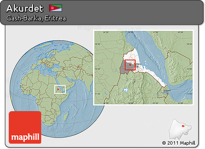 Savanna Style Location Map of Akurdet, highlighted country, highlighted parent region, within the entire country, hill shading