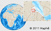 Shaded Relief Location Map of Akurdet, highlighted country, within the entire country