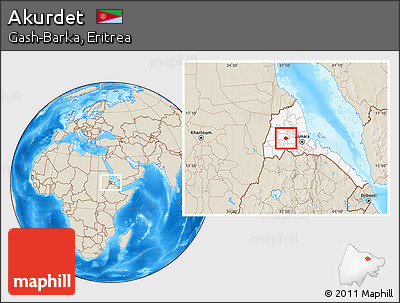 Shaded Relief Location Map of Akurdet, highlighted country