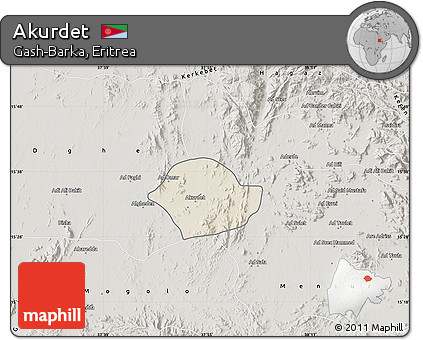 Shaded Relief Map of Akurdet, semi-desaturated