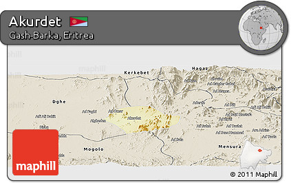 Physical Panoramic Map of Akurdet, shaded relief outside