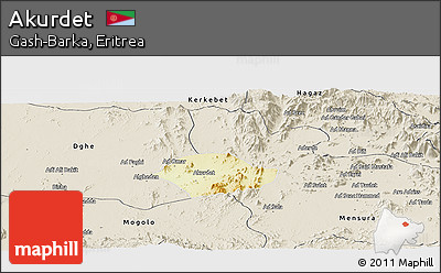 Physical Panoramic Map of Akurdet, shaded relief outside