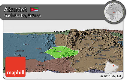 Political Panoramic Map of Akurdet, darken, semi-desaturated