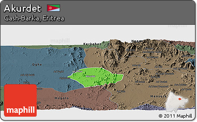 Political Panoramic Map of Akurdet, darken, semi-desaturated