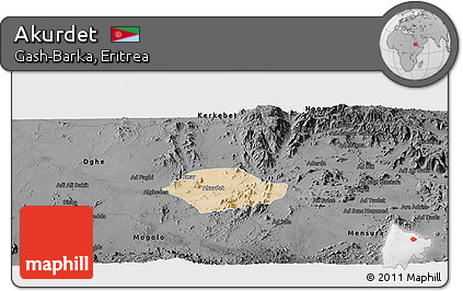 Satellite Panoramic Map of Akurdet, darken, desaturated
