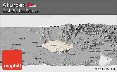 Shaded Relief Panoramic Map of Akurdet, darken, desaturated