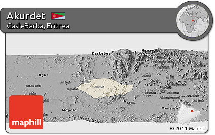 Shaded Relief Panoramic Map of Akurdet, darken, desaturated