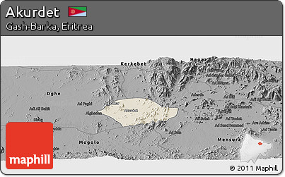 Shaded Relief Panoramic Map of Akurdet, darken, desaturated