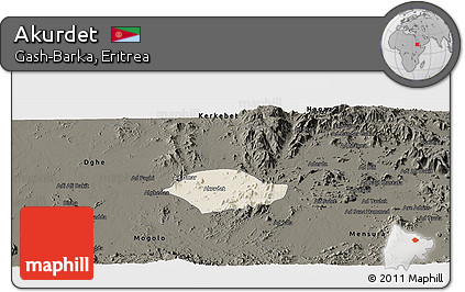 Shaded Relief Panoramic Map of Akurdet, darken