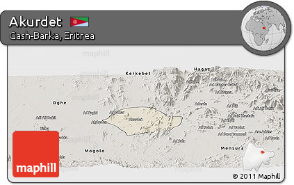 Shaded Relief Panoramic Map of Akurdet, semi-desaturated