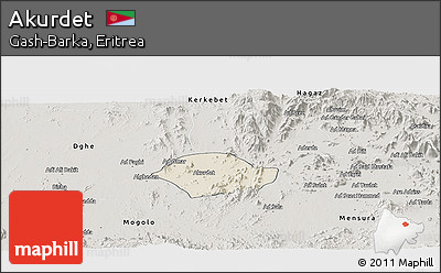 Shaded Relief Panoramic Map of Akurdet, semi-desaturated