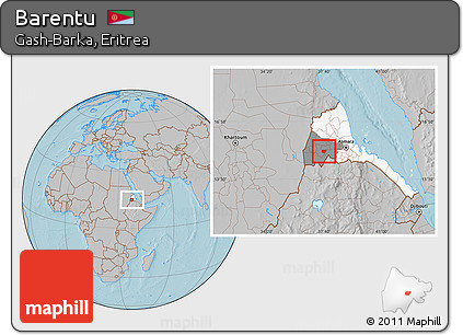 Gray Location Map of Barentu, highlighted country, highlighted parent region, hill shading