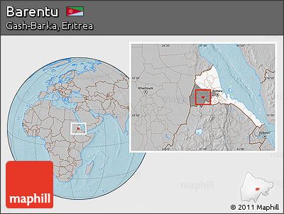 Gray Location Map of Barentu, highlighted country, highlighted parent region, hill shading