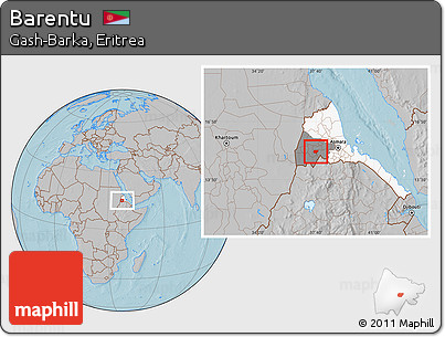 Gray Location Map of Barentu, highlighted country, highlighted parent region, hill shading