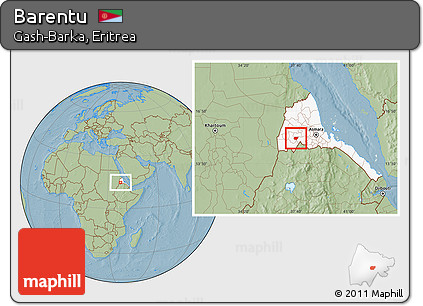 Savanna Style Location Map of Barentu, highlighted country, hill shading