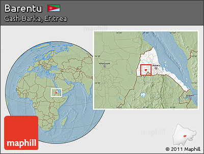 Savanna Style Location Map of Barentu, highlighted country, hill shading
