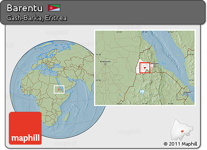 Savanna Style Location Map of Barentu, highlighted parent region, hill shading